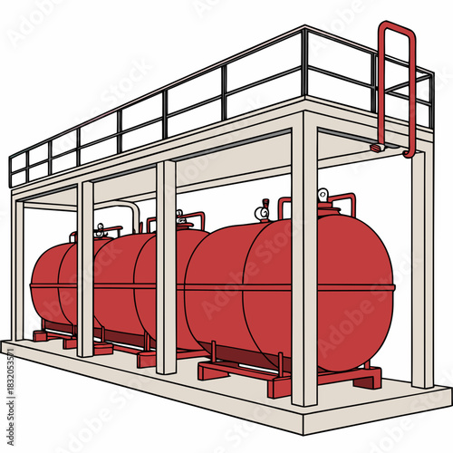 Industrial storage tanks with elevated platform and railing for access and maintenance