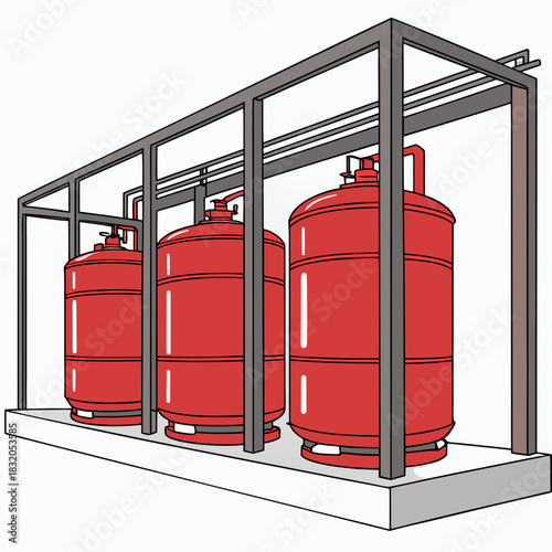 Three large red propane gas tanks lined up in a metal industrial storage rack outdoors