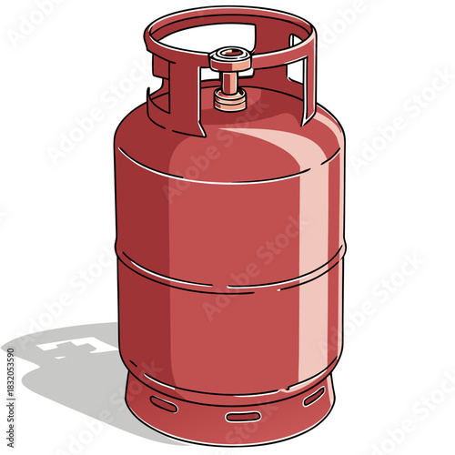 A red propane gas cylinder with a valve and handle isolated on a white background with shadow