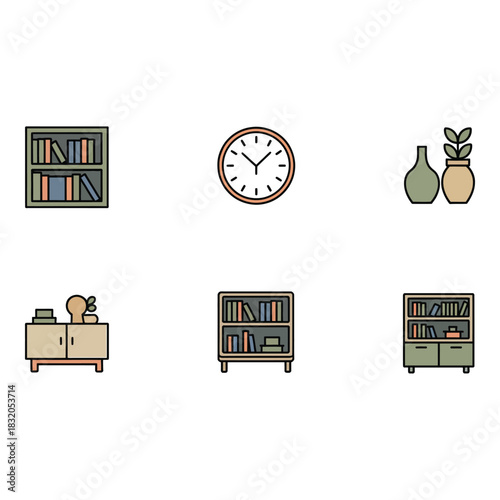 Cozy home decor icons featuring bookshelves clock and vases