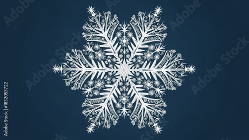 Elaborate white snowflake with intricate patterns and delicate frosty details set against a rich deep blue background, perfect for winter and holiday themes