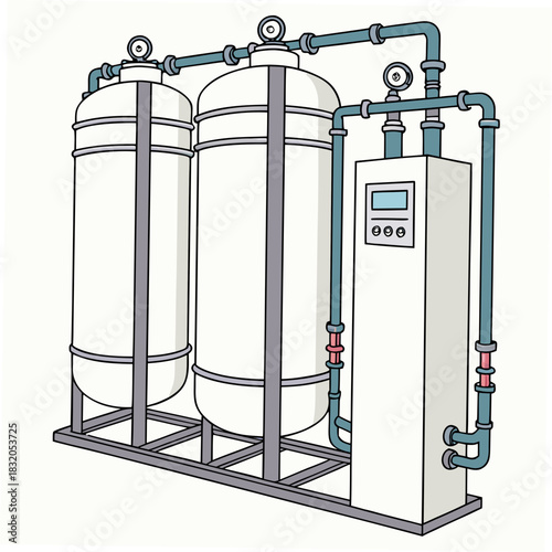 Industrial water filtration system with two large tanks and a control unit