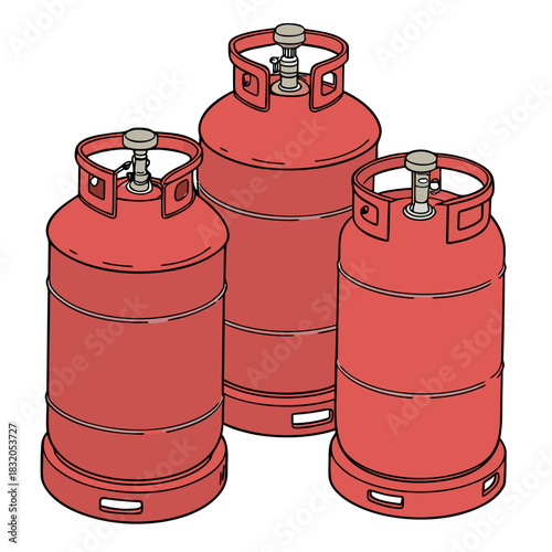 Three red propane gas cylinders of different sizes standing together on a white background