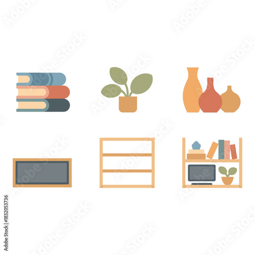 Cozy home decor elements collection with books plants and shelves