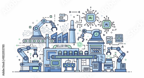Automated factory with robotic arms and AI chips.