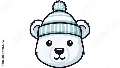 Cute cartoon polar bear head wearing a cozy striped winter hat with a pom-pom, isolated character illustration for winter holiday concepts
