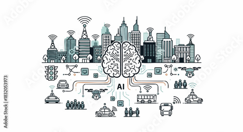 AI Connecting Smart City - Autonomous Vehicles and Infrastructure Illustration.