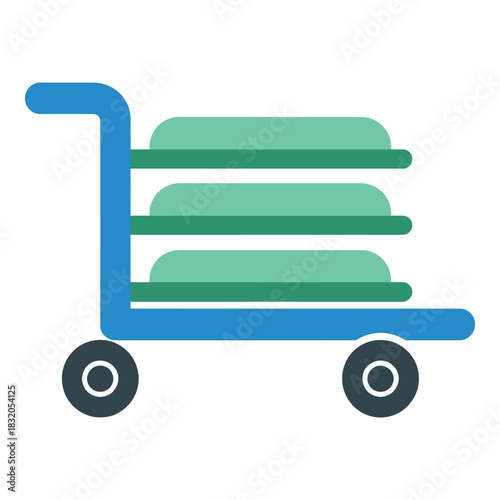 Blue luggage cart with three stacked green suitcases