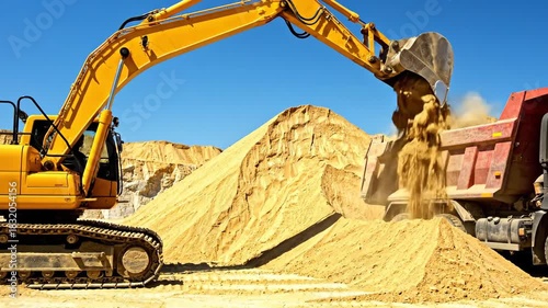 Heavy Excavator Loading a Large Dump Truck with Sand on a Sunny Construction Site