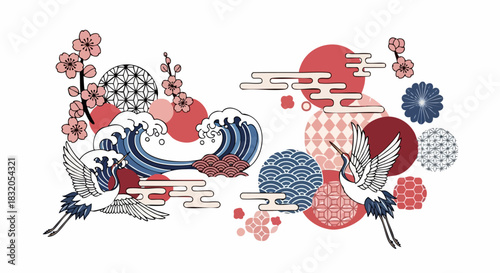 Japanese inspired art with cranes and waves.