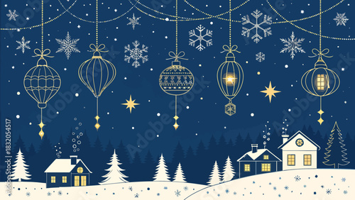 Christmas illustration of winter scene with houses, trees, ornaments, snowflakes and stars above