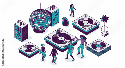 Retro Disco Party Scene with Turntables and Dancing Figures.
