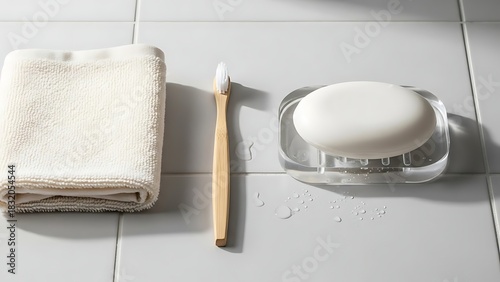 Bathroom essentials set with toothbrush soap and towel on tile background for personal hygiene and morning routine in a minimalist aesthetic