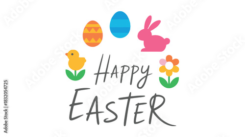 Happy easter greeting with colorful eggs bunny chick and flowers on white background