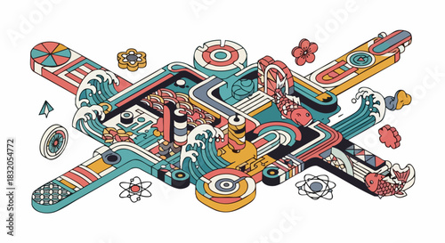 Intricate isometric maze with colorful abstract elements and geometric patterns.