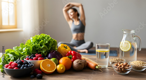 Vibrant healthy food and fresh water on a table with a woman stretching in background for holistic wellness concept and balanced lifestyle