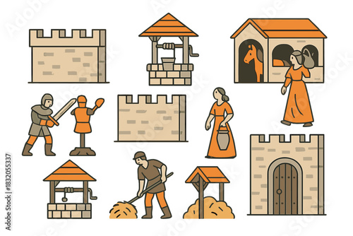 Medieval village scene with wells, castle walls, and characters engaged in daily activities