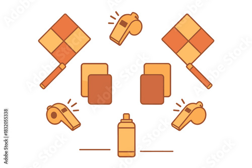 Referee tools for sports including red and yellow cards, whistles, and flags displayed in a vibrant design