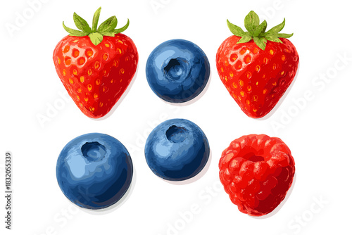 Fresh strawberries, blueberries, and raspberries arranged attractively on a clean white background