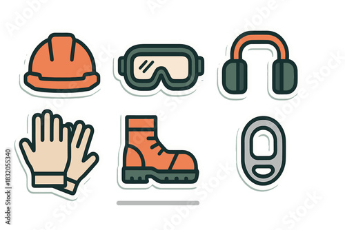 Safety equipment for construction sites and industrial work environments featuring gloves, hard hats, goggles, ear protection, and boots