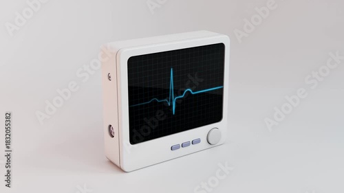 3d animation of a white medical device featuring a bright blue EKG waveform on a dark grid screen with clean modern controls and minimal design