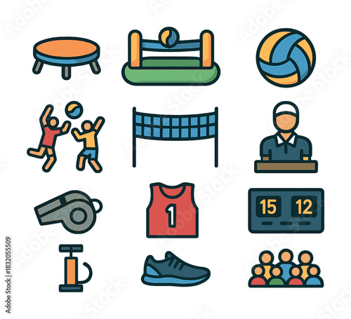 Colorful volleyball icons set featuring players, equipment, and scoreboard