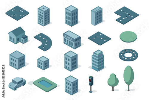 Collection of isometric building and city elements for urban design, featuring various structures and layouts