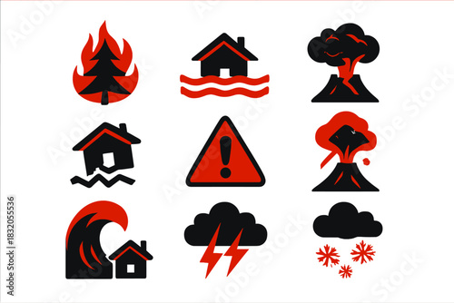 Warning symbols for natural disasters including fire, flood, and volcanic activity