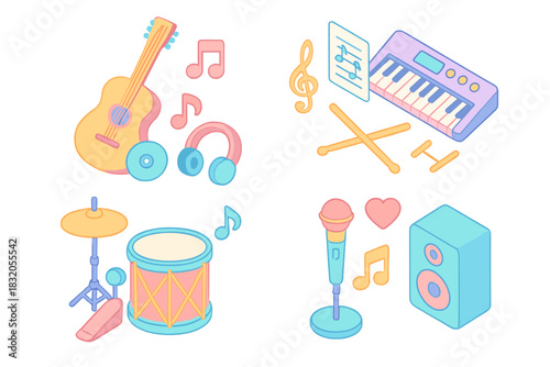 Colorful music icons featuring instruments, notes, and audio equipment in a playful design for creative projects or digital art