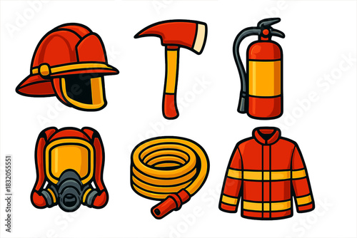 Firefighter gear including helmet, axe, fire extinguisher, and protective clothing on a white background