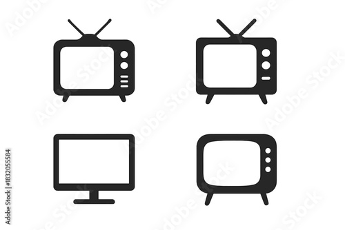 Black and white designs of vintage and modern televisions in simple shapes and styles
