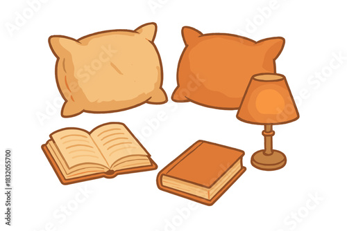 Cozy reading nook with pillows, books, and a lamp creating a warm atmosphere