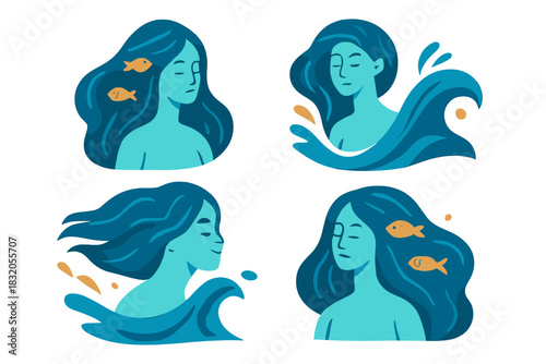 Women with flowing hair and fish surrounded by waves in a colorful, artistic style showing peace and connection with nature