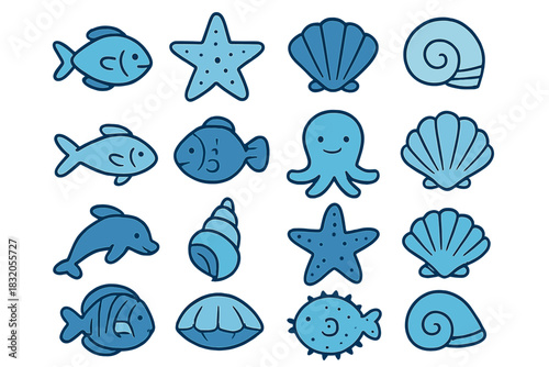Collection of cute marine animal illustrations including fish, octopus, and shells in various shades of blue
