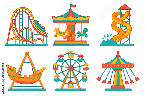 Colorful amusement park rides and attractions evoke childhood joy in a festive setting