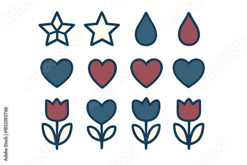 Colorful shapes and flowers arranged in a grid pattern showcase creative design elements in a fun and playful style