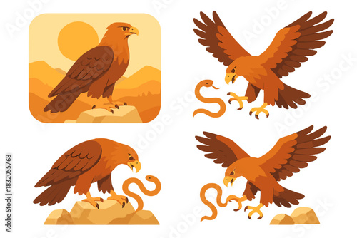 Majestic golden eagle hunting in a warm sunset landscape with snake prey