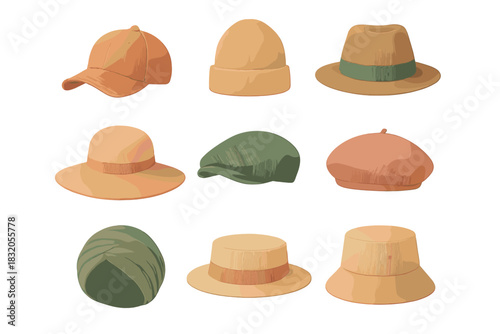 Collection of stylish hats displayed in various colors and designs on a white background