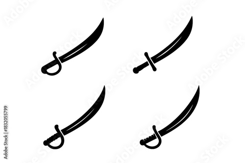 Different styles of swords including curved blade designs and grips displayed in a simple layout