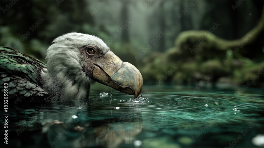 Obraz premium Large Shoebill Drinking in Forest Pond