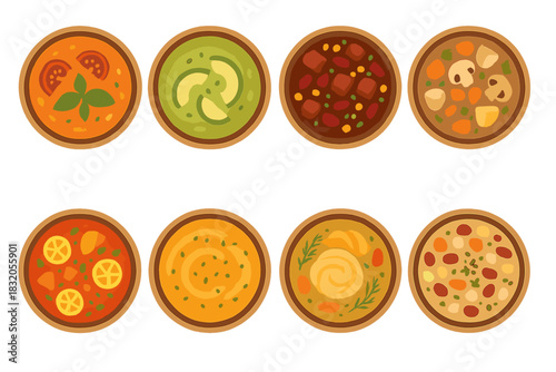 Variety of colorful soups and stews in bowls on a light background