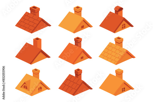 Colorful collection of charming rooftops with different styles and shapes arranged in a grid pattern