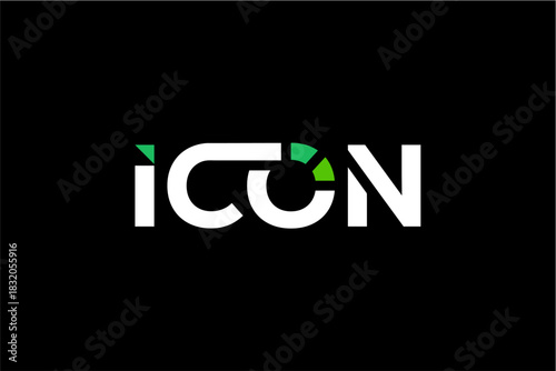 Modern ICON text logo design with green and white colors on a black background.