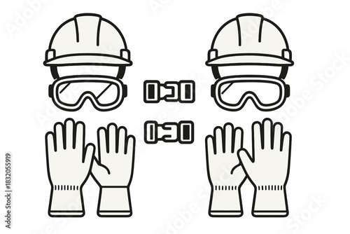 Safety equipment for construction workers including helmets, goggles, gloves, and harnesses displayed together