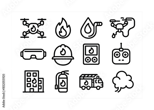 Firefighting equipment icons including drone, extinguisher, helmet, and fire truck