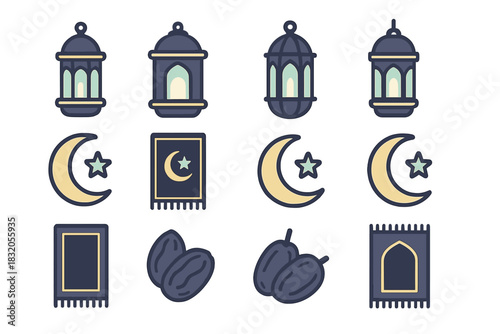 Decorative lanterns, crescent moons, and dates representing a cultural celebration during nighttime festivities
