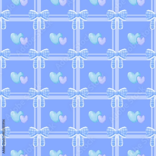 Blue Plaid Bows and Hearts Seamless Pattern