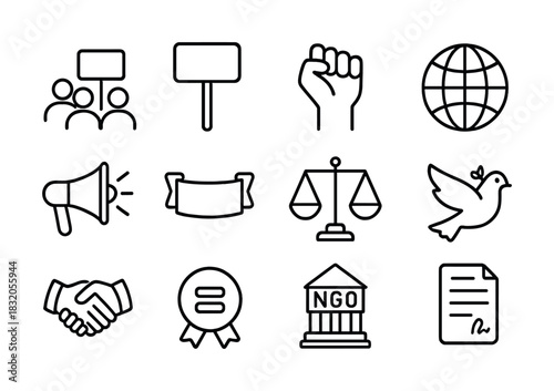 Icons representing activism, justice, and global unity in line art style