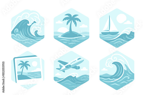 Ocean waves, a tropical island, and a sailing boat create a peaceful seaside scene in light blue tones and fun graphics
