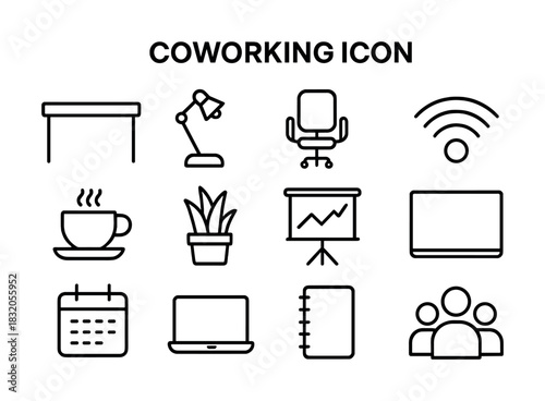 Coworking space icons: desk, chair, laptop, wifi, coffee cup, plant, lamp, calendar, notebook, team